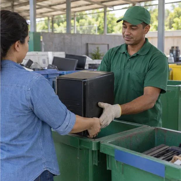 Pessoa entregando um gabinete de computador a um funcionário em uma área organizada de recebimento de eletrônicos