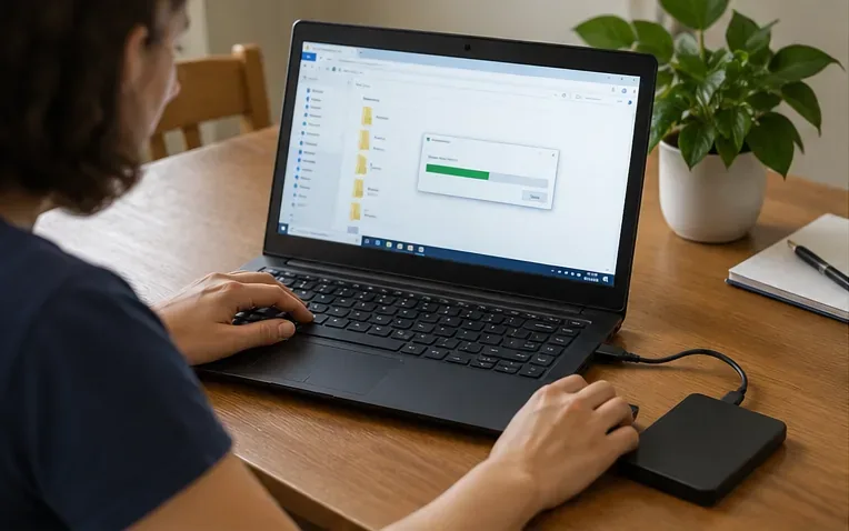 Pessoa copiando arquivos de um notebook para uma unidade externa antes do descarte do computador