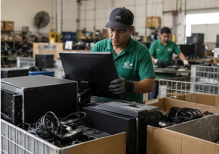 Trabalhadores com luvas separando monitores, gabinetes e cabos em uma instalação de triagem de eletrônicos