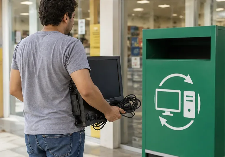 Pessoa levando monitor, gabinete e cabos até um coletor verde para resíduos eletrônicos