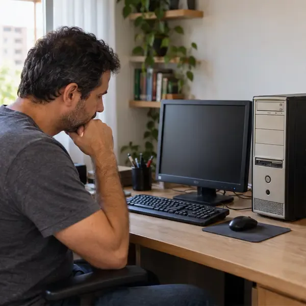 Um homem observa um computador de mesa antigo, com gabinete, monitor, teclado e mouse sobre uma escrivaninha.