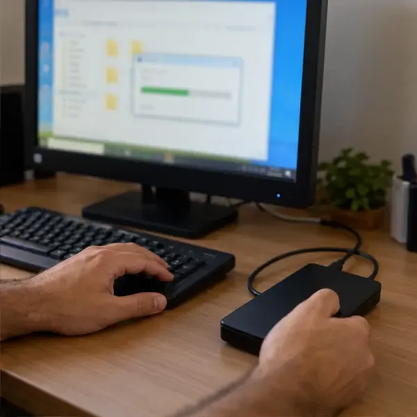As mãos de uma pessoa usam um computador de mesa e conectam um disco externo preto para copiar arquivos.