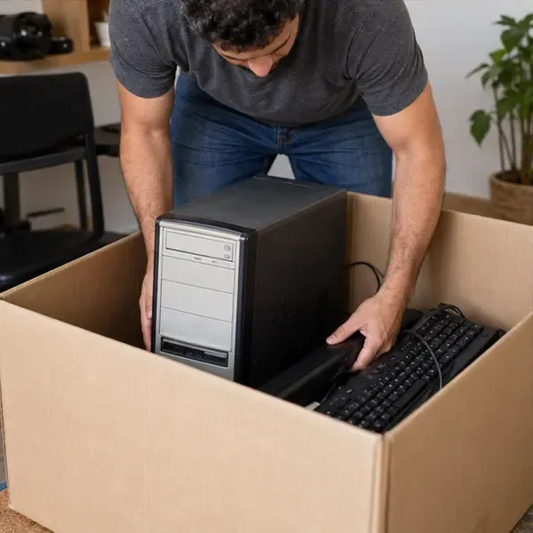 Um homem desconecta e acomoda um gabinete de computador de mesa e um teclado em uma caixa de papelão para transporte.