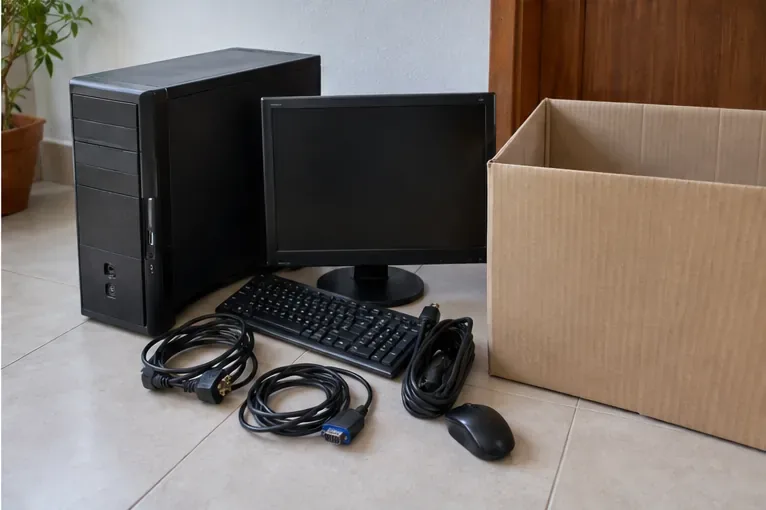 Computador de mesa, monitor, teclado, mouse e cabos organizados ao lado de uma caixa para transporte