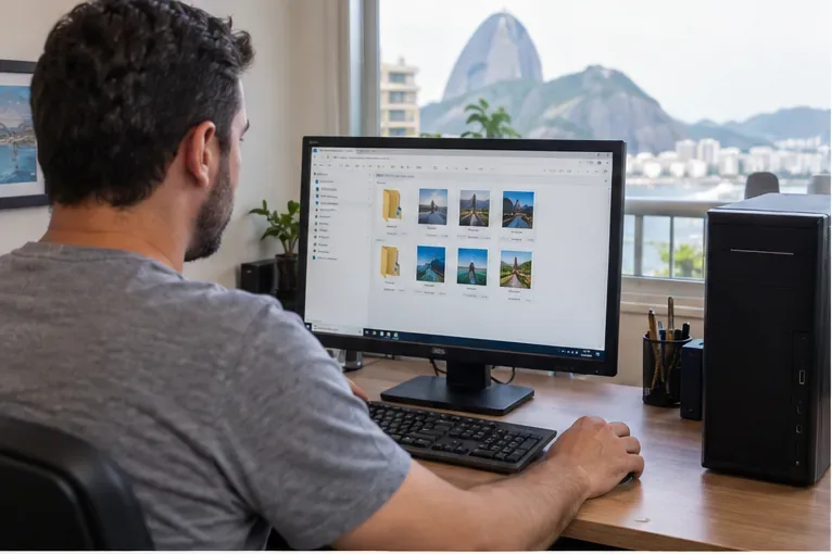 Pessoa revisando arquivos em um computador de mesa antes do descarte no Rio de Janeiro