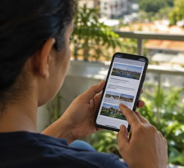 Pessoa consulta informações de descarte e coleta em um celular antes de decidir onde entregar um edredom ensacado