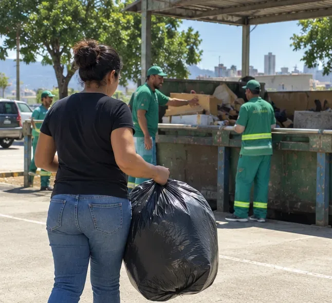 Mulher leva um saco grande e fechado até uma área de recebimento de resíduos com trabalhadores e caçambas