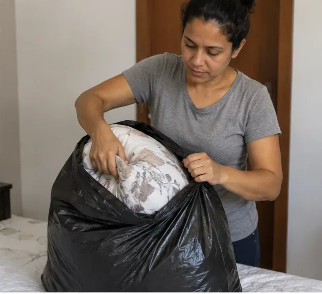 Mulher coloca um edredom floral dobrado dentro de um saco preto resistente para preparar o descarte