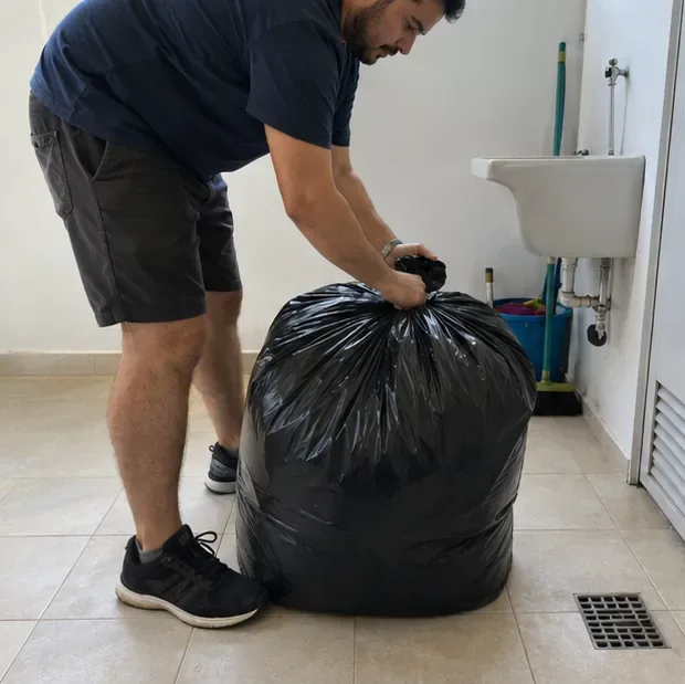 Um morador fecha um saco resistente que contém um edredom velho dobrado, sem deixá-lo exposto no chão