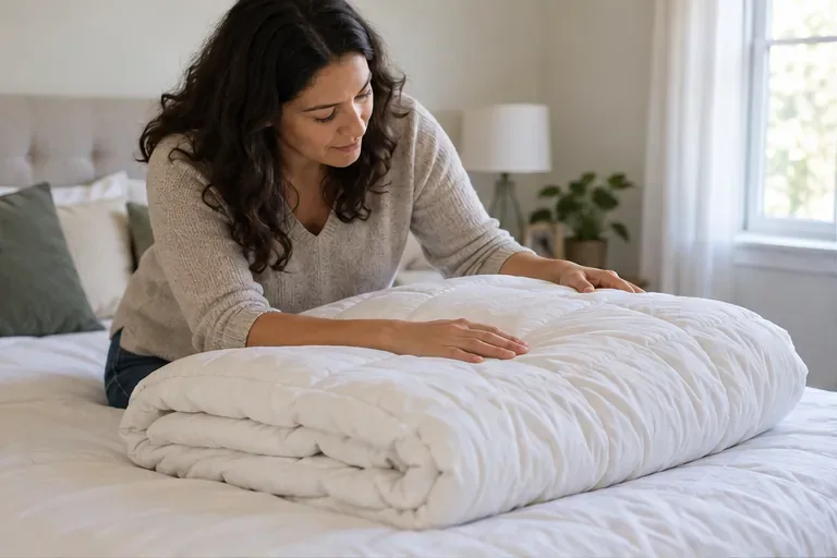 Uma pessoa examina um edredom branco dobrado sobre a cama, verificando sua conservação antes de decidir o destino.