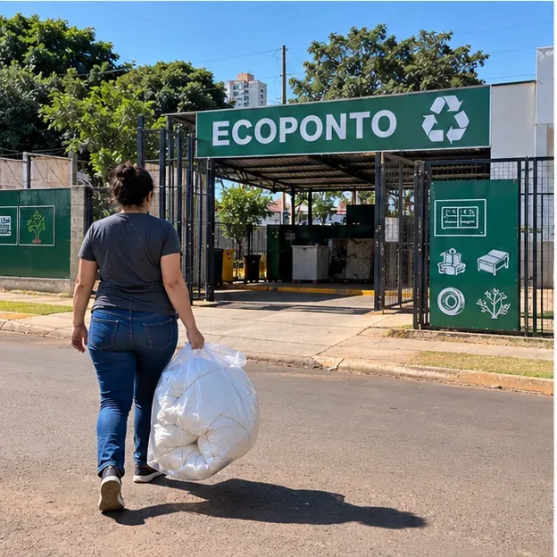 Moradora carregando um edredom ensacado em direção a um Ecoponto municipal