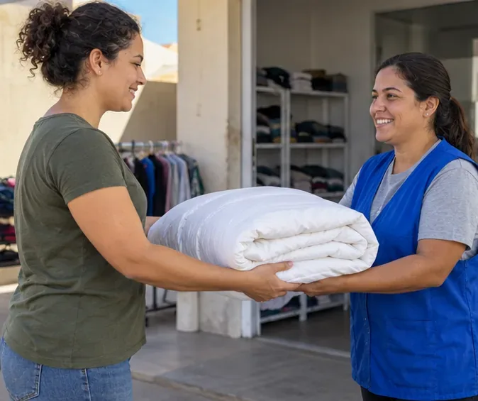 Pessoa entrega um edredom branco dobrado a uma voluntária em um ponto genérico de doação de roupas.