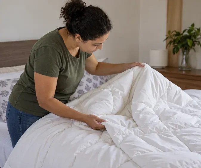 Pessoa verifica um edredom branco sobre a cama para avaliar manchas, rasgos e umidade antes de decidir o destino.