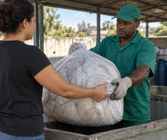 Pessoa entrega um edredom desgastado dentro de um saco resistente a um funcionário em uma área coberta de coleta.
