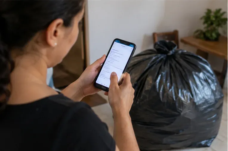 Moradora usando um celular ao lado de um saco fechado com edredom, representando a confirmação da coleta antes do descarte