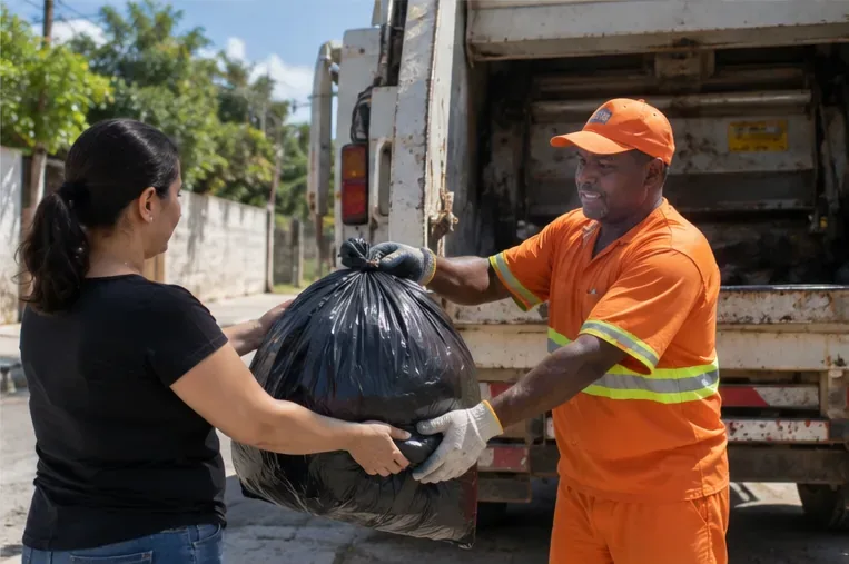 Moradora entregando um saco fechado a um trabalhador de limpeza urbana ao lado de um caminhão de coleta