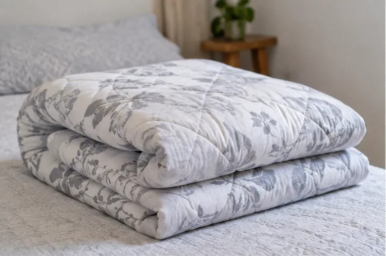 Edredom limpo e dobrado sobre uma cama, pronto para ser avaliado para reutilização ou doação