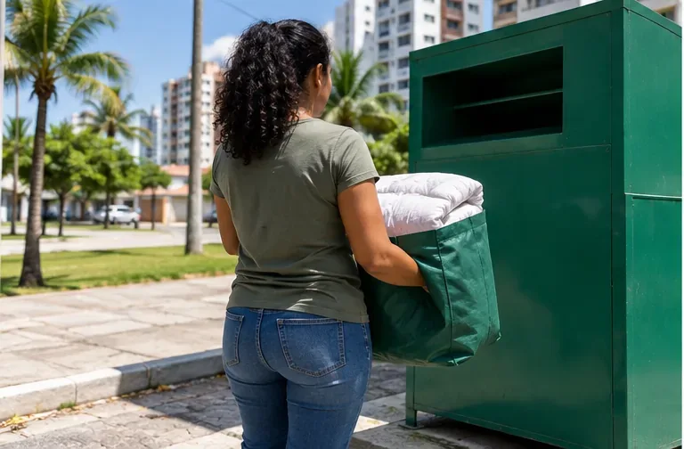 Pessoa levando uma bolsa com edredom dobrado até um grande coletor verde de materiais têxteis