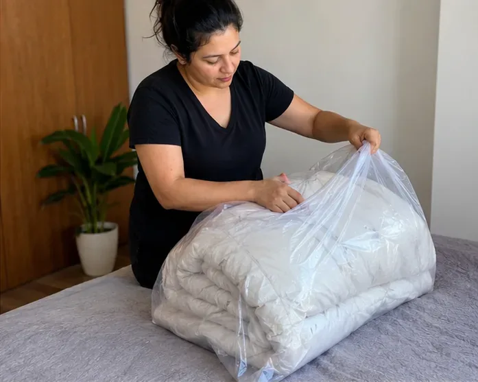Pessoa colocando um edredom dobrado e limpo dentro de um saco transparente para transporte