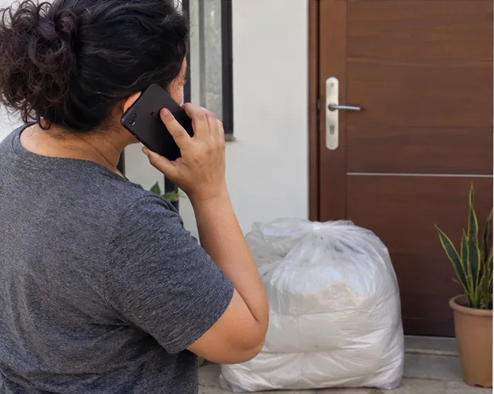 Moradora falando ao telefone ao lado de um edredom ensacado para confirmar uma opção de coleta