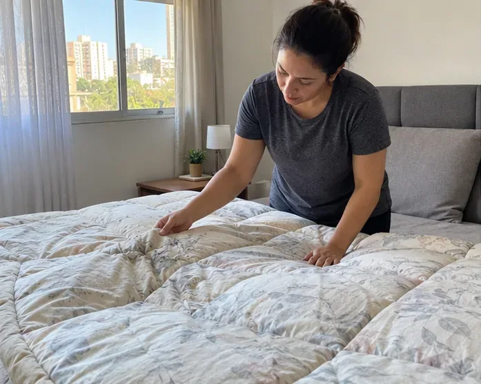 Pessoa examinando um edredom sobre a cama para verificar manchas, rasgos e condições de uso