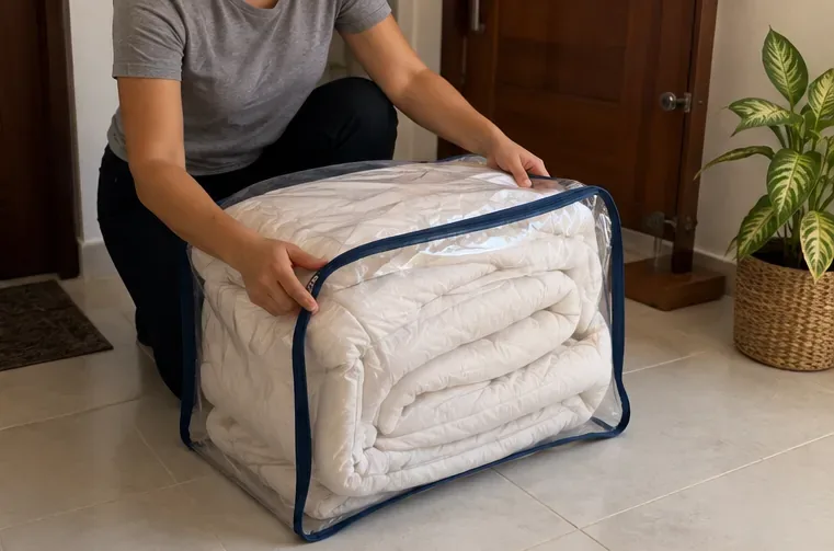 Edredom dobrado e protegido dentro de uma bolsa transparente com alças, pronto para transporte ou recolhimento.