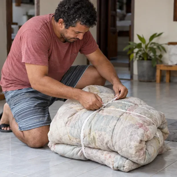 Morador dobra e amarra um edredom usado em um volume compacto