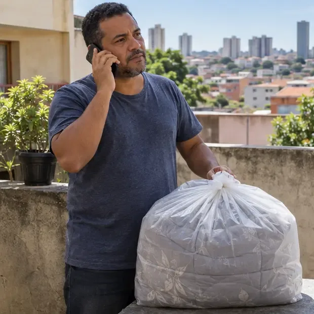 Morador de Osasco falando ao telefone ao lado de um edredom dobrado e embalado