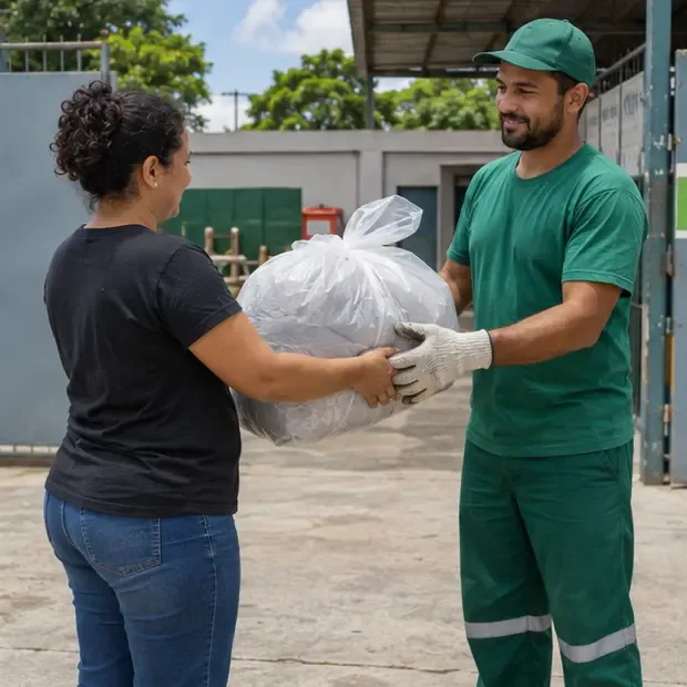 Moradora entregando um edredom embalado a um trabalhador em um ponto de recebimento