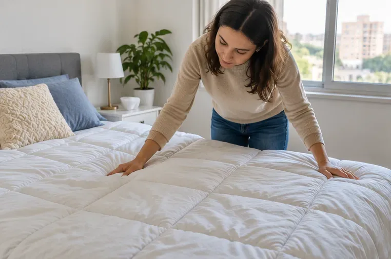 Pessoa verificando o estado de um edredom branco sobre a cama antes de decidir entre doação e descarte