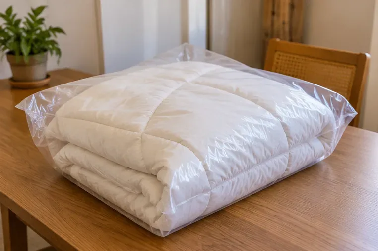 Edredom branco limpo e dobrado, protegido em embalagem transparente sobre uma mesa
