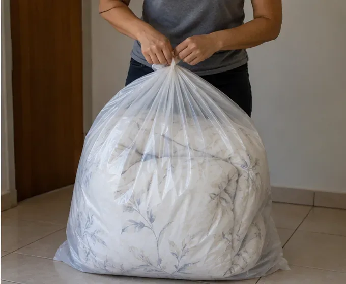Edredom dobrado dentro de um saco transparente resistente, pronto para transporte até um ponto de entrega em Recife