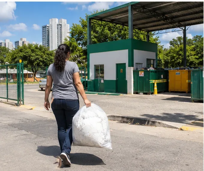 Pessoa levando um edredom ensacado até uma instalação de recebimento de resíduos, em cena urbana semelhante a uma Ecoestação
