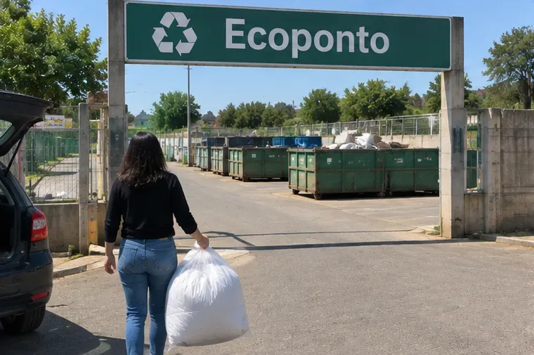 Mulher carrega um edredom embalado até a entrada de um Ecoponto com caçambas ao fundo