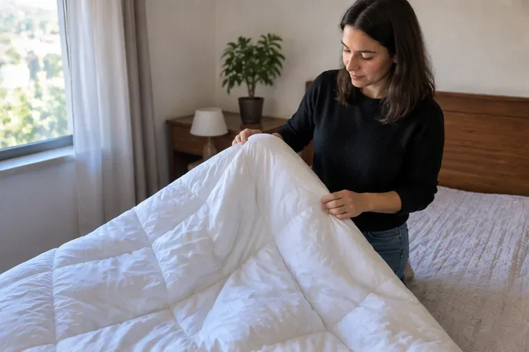 Mulher verifica o estado de um edredom branco sobre a cama antes de decidir entre doação e descarte