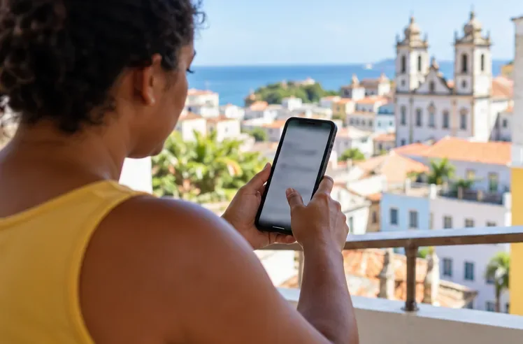 Mulher consulta o celular com a tela sem texto legível antes de encaminhar o edredom.