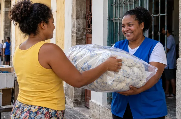 Mulher entrega uma bolsa com edredom a outra pessoa na entrada de um espaço comunitário.