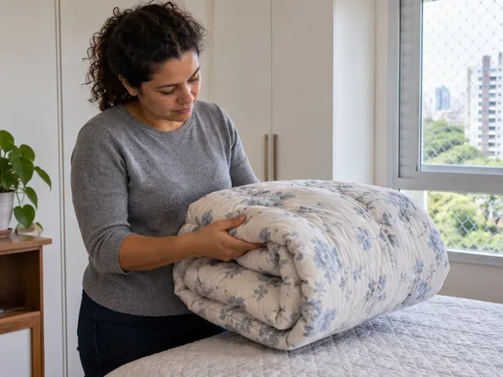 Moradora examina um edredom dobrado sobre a cama para avaliar se está limpo e em condições de uso