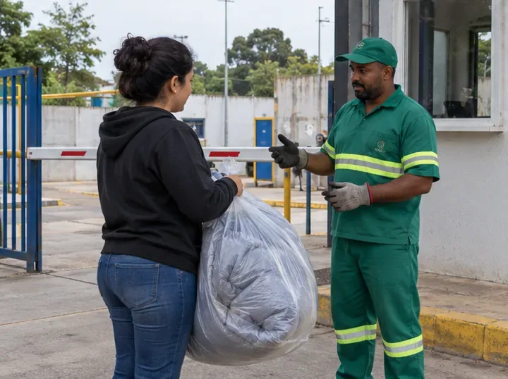Moradora conversa com funcionário de uma estação municipal enquanto segura um edredom usado dentro de uma bolsa