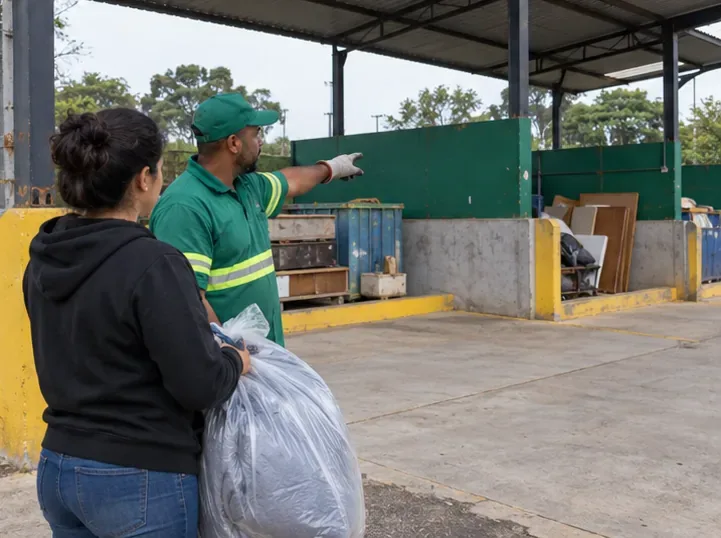 Funcionário de estação de coleta aponta a área de recebimento enquanto a moradora aguarda com o edredom embalado