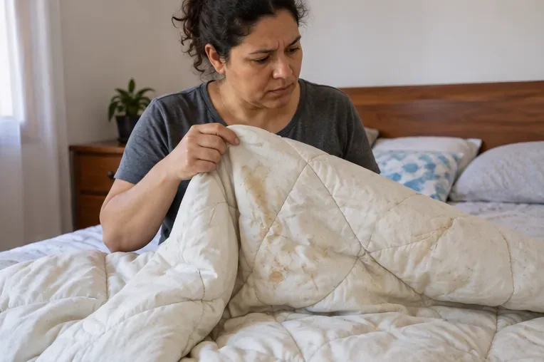 Moradora examina manchas e desgaste em um edredom aberto sobre a cama