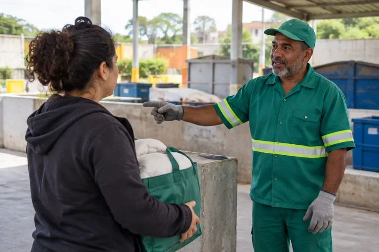 Moradora conversa com atendente em um ponto de coleta antes de entregar uma bolsa com edredom