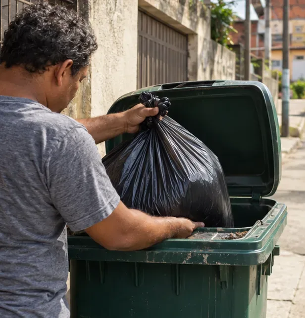 Um homem coloca um saco fechado dentro de um contêiner de lixo doméstico com a tampa aberta.