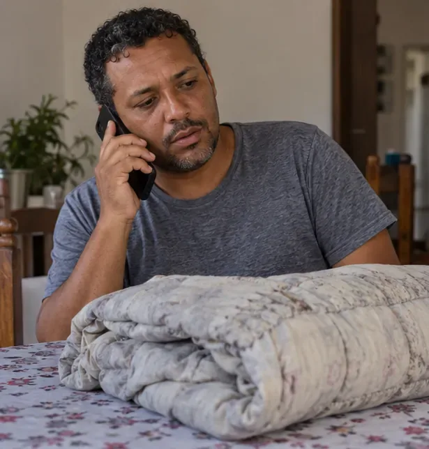 Um homem conversa pelo telefone ao lado de um edredom dobrado, consultando como descartá-lo.