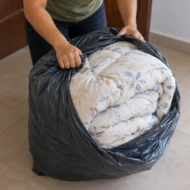 Edredom dobrado sendo colocado dentro de um saco plástico resistente para facilitar o transporte até o ponto de destinação