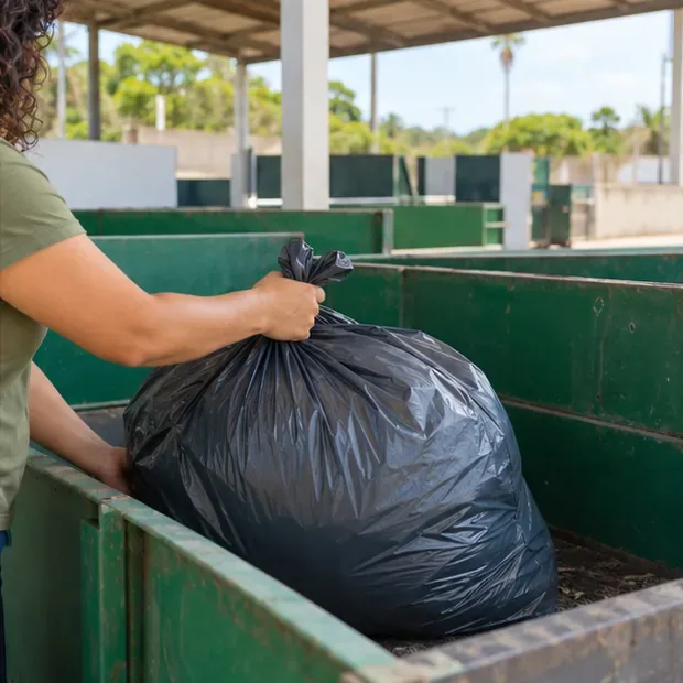 Pessoa colocando um saco fechado com um edredom em uma área de recebimento de resíduos após orientação no local