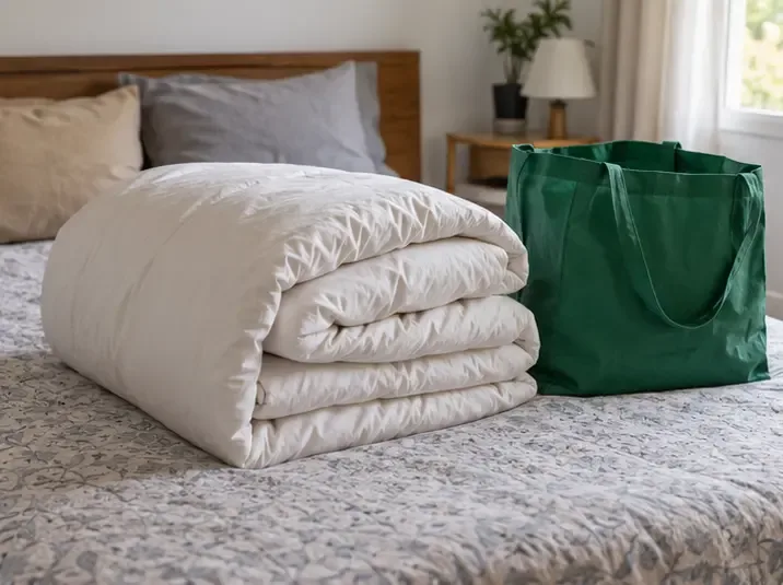 Edredom branco dobrado sobre uma cama ao lado de uma bolsa reutilizável, pronto para doação