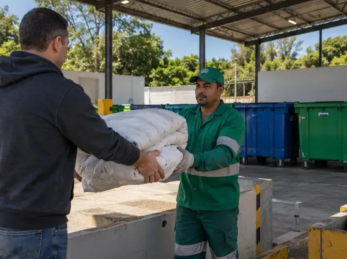 Morador entregando um edredom dobrado a um funcionário em uma área de entrega com contêineres coloridos