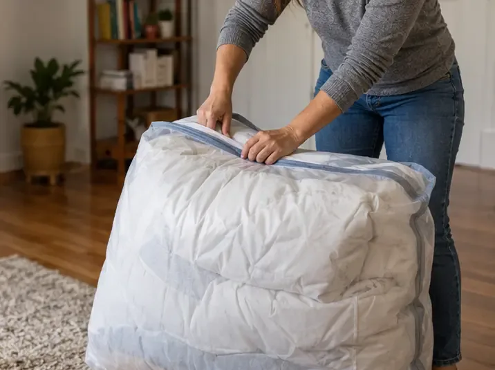 Pessoa fechando uma bolsa transparente com um edredom branco seco dobrado dentro