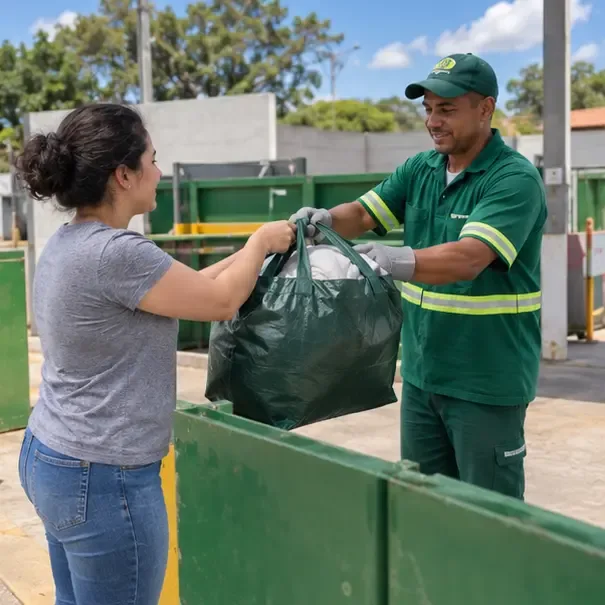 Moradora entregando uma bolsa com edredom a um funcionário em um ponto de entrega